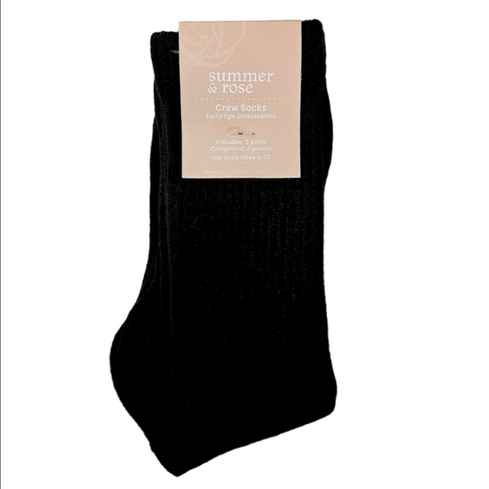 🆓️ W/ $65 Purchase!Summer & Rose Women's Classic Black Crew Socks, Set Of 3~NWT